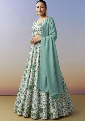 Sage Green Floral Print Crepe Lehenga Set