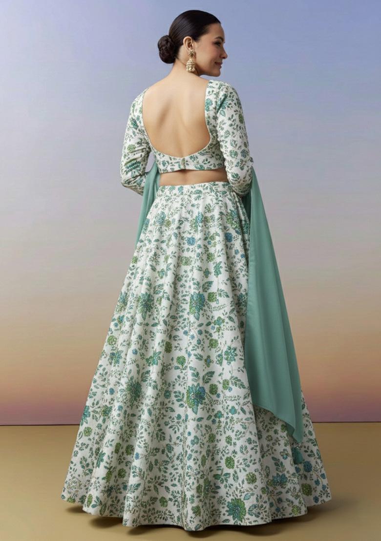 Sage Green Floral Print Crepe Lehenga Set - Indya