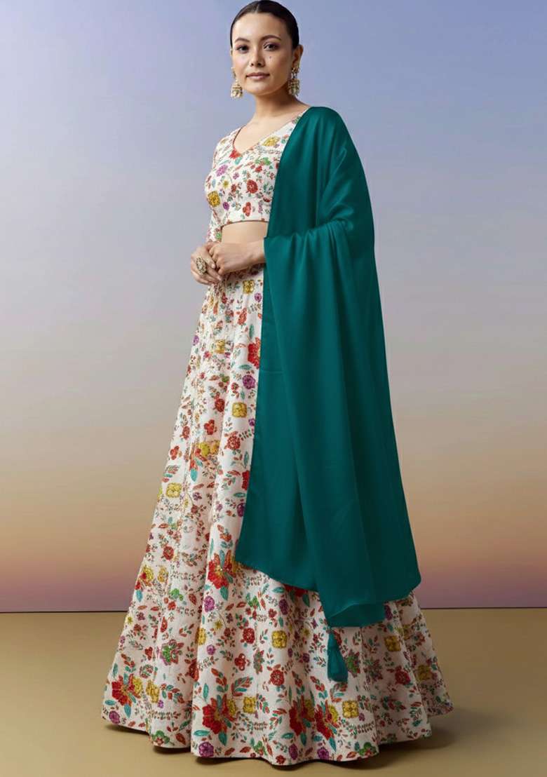 Multicolor Crepe Lehenga Set with Floral Print for Diwali | Wedding & Festive Wear - Indya