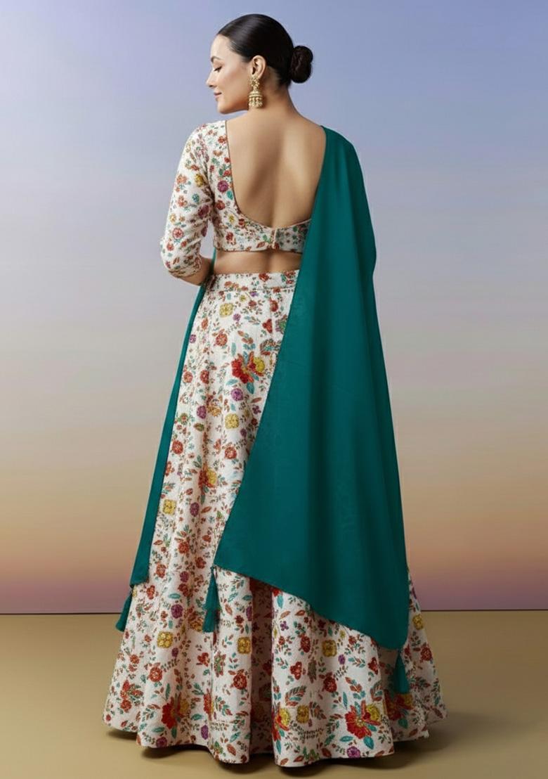 Multicolor Floral Print Crepe Lehenga Set - Indya