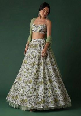 Sage Green Floral Print Crepe Lehenga Set