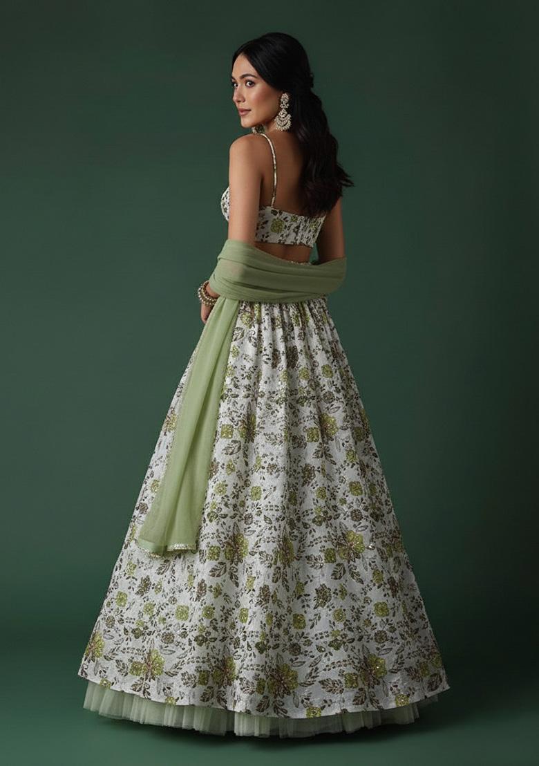 Sage Green Floral Print Crepe Lehenga Set - Indya