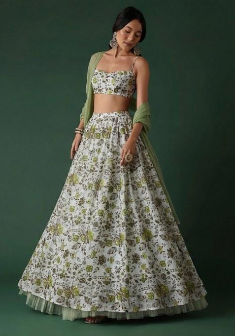Sage Green Floral Print Crepe Lehenga Set