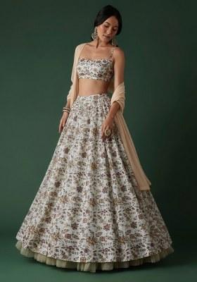 Ivory Floral Print Crepe Lehenga Set