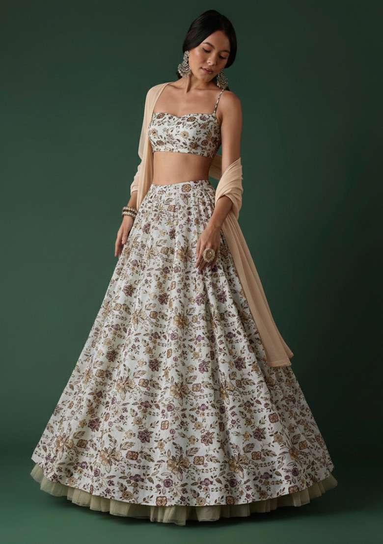 Ivory Crepe Lehenga Set with Floral Print for Diwali | Wedding & Festive Wear - Indya