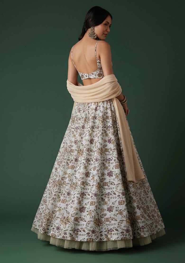 Ivory Floral Print Crepe Lehenga Set - Indya
