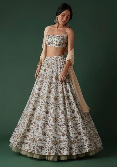Ivory Floral Print Crepe Lehenga Set