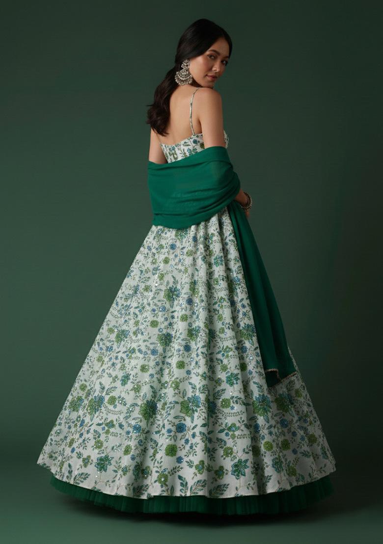 Green Floral Print Crepe Lehenga Set - Indya