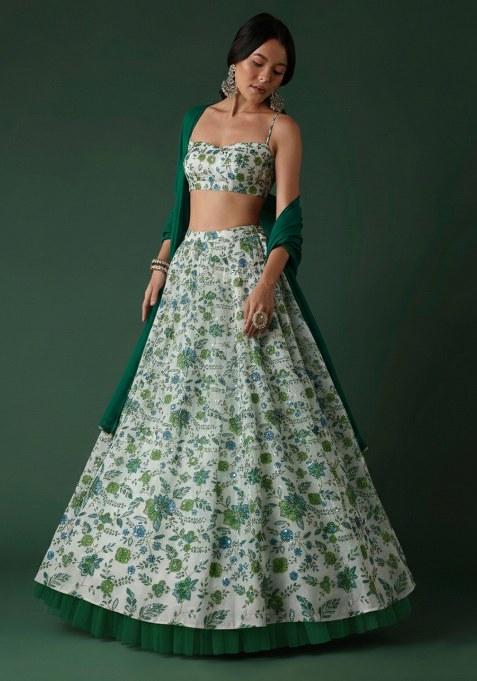 Green Floral Print Crepe Lehenga Set