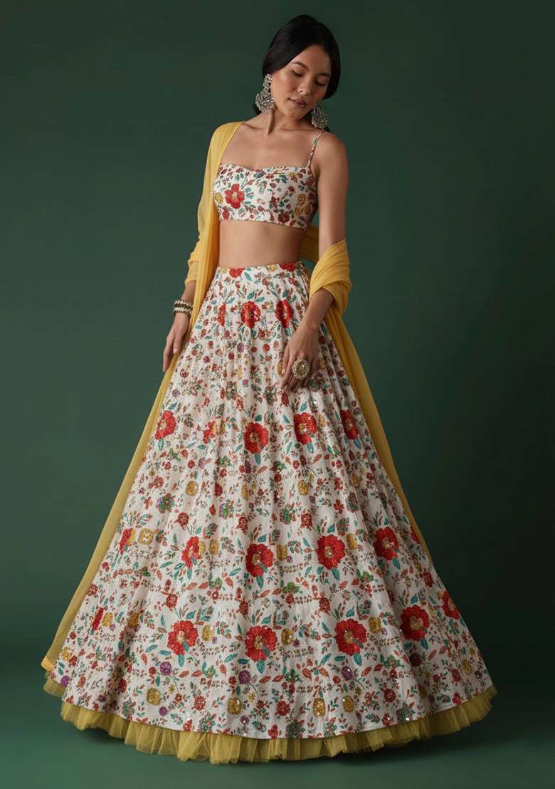 Multicolor Crepe Lehenga Set with Floral Print for Diwali | Wedding & Festive Wear - Indya