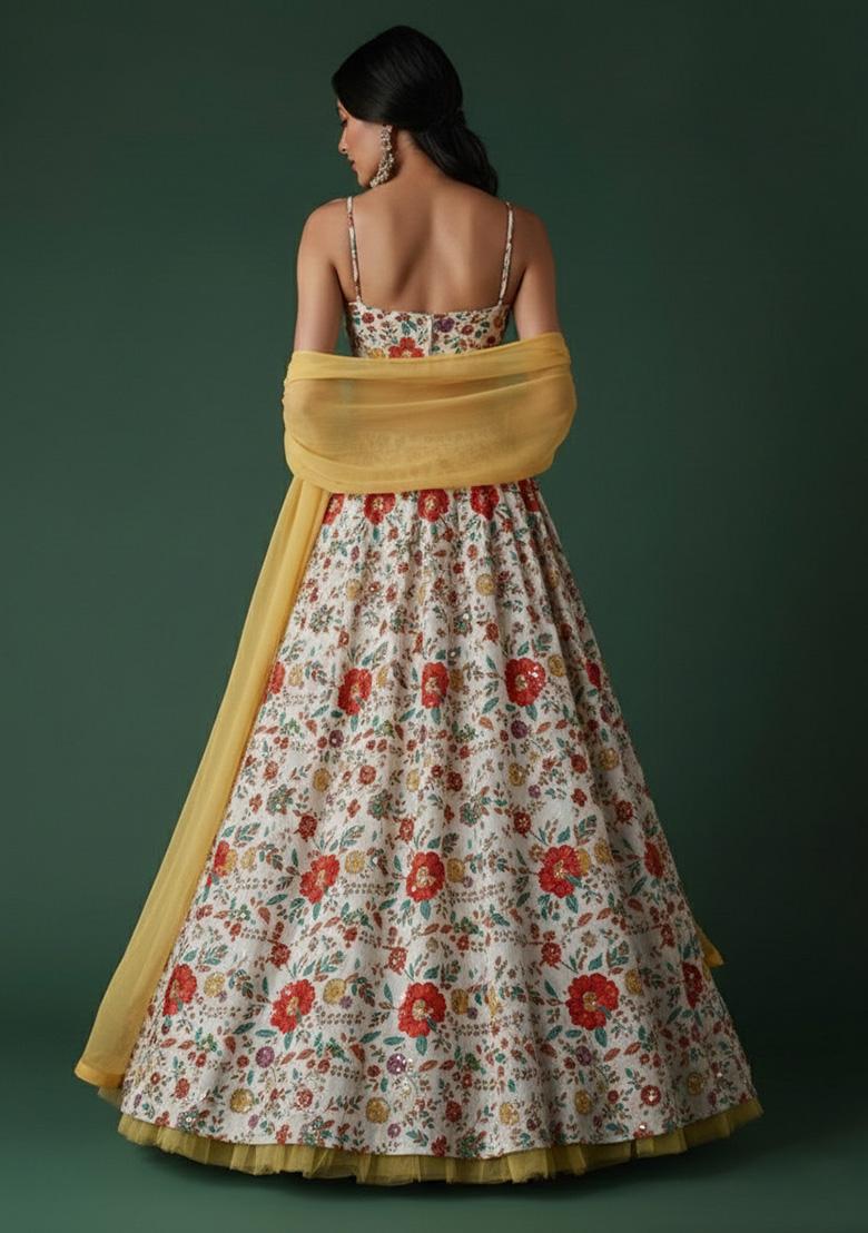 Multicolor Floral Print Crepe Lehenga Set - Indya