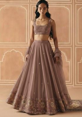 Dusty Mauve Embroidered Tissue Lehenga Set