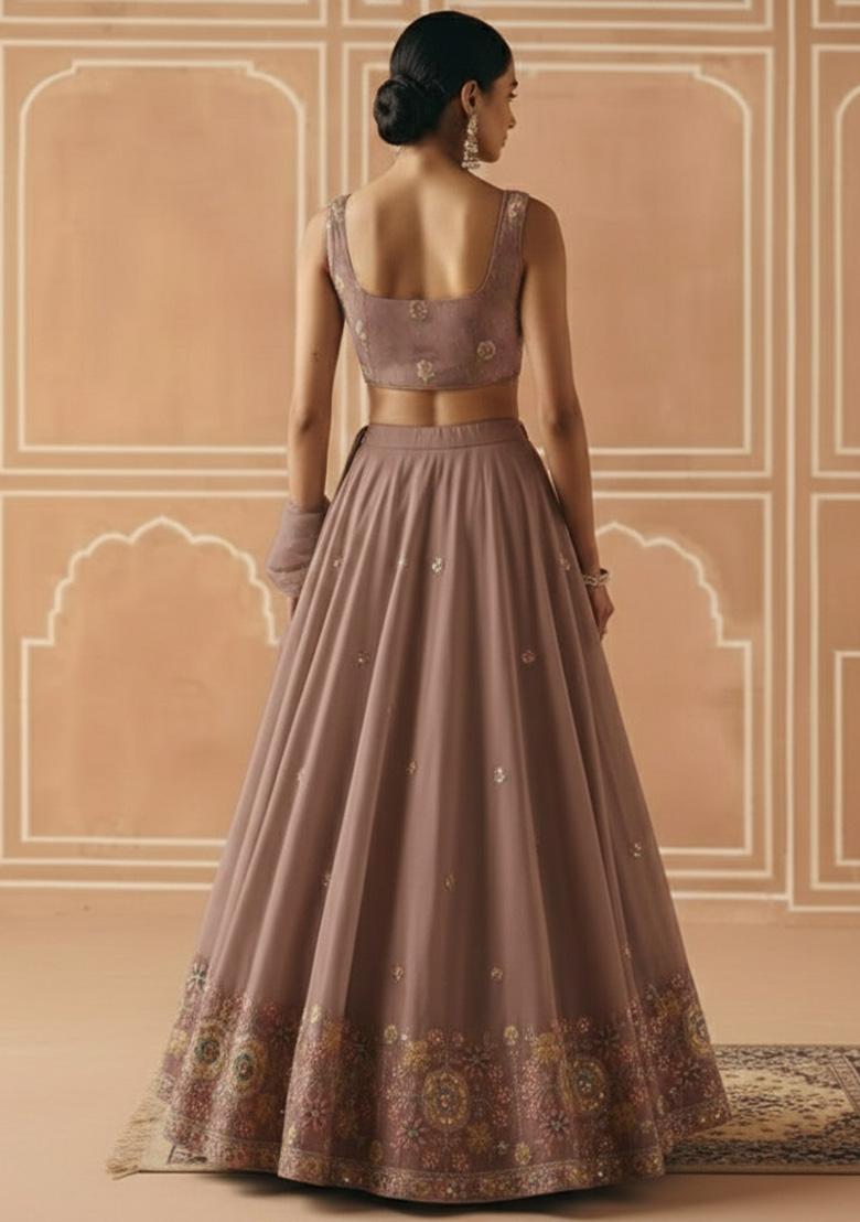 Dusty Mauve Embroidered Tissue Lehenga Set - Indya