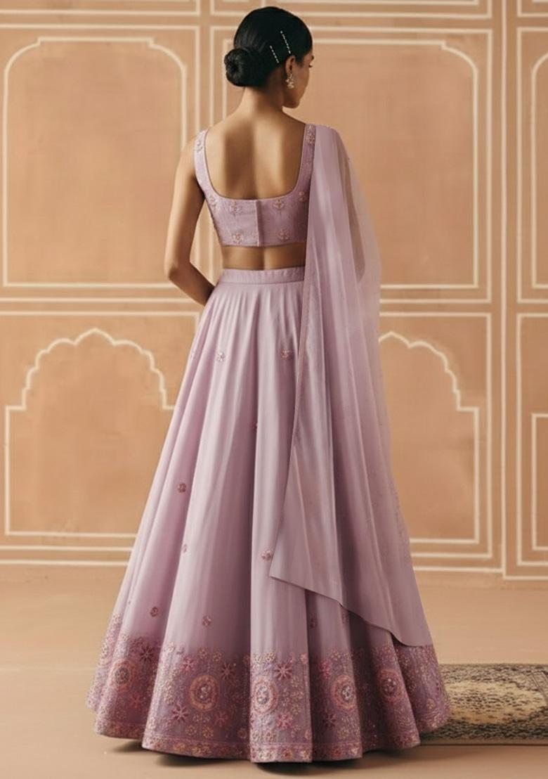 Pink Embroidered Tissue Lehenga Set - Indya