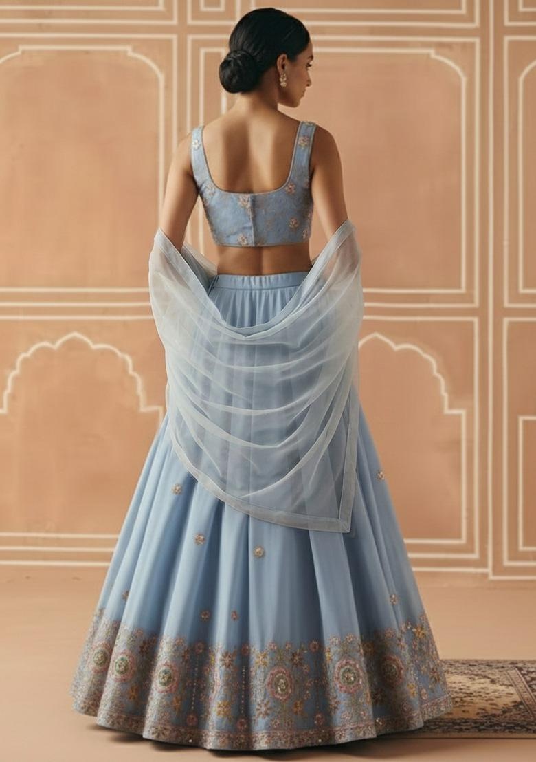 Powder Blue Embroidered Tissue Lehenga Set - Indya