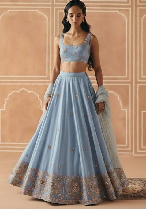 Powder Blue Embroidered Tissue Lehenga Set