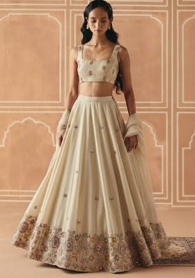 Cream Embroidered Tissue Lehenga Set