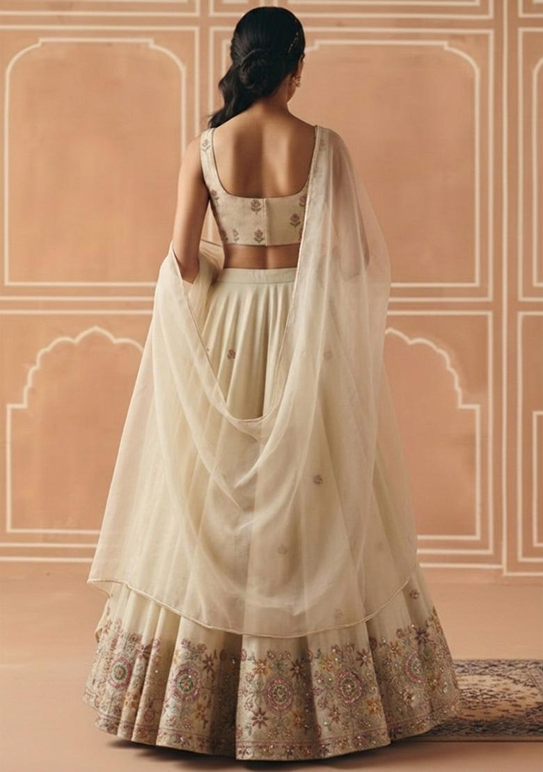 Cream Embroidered Tissue Lehenga Set - Indya