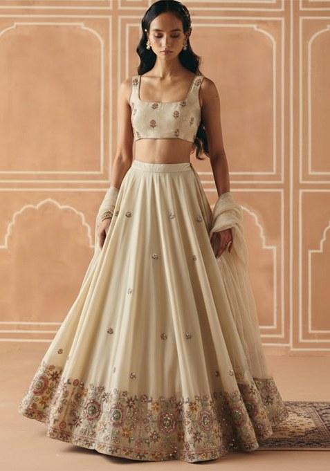 Cream Embroidered Tissue Lehenga Set