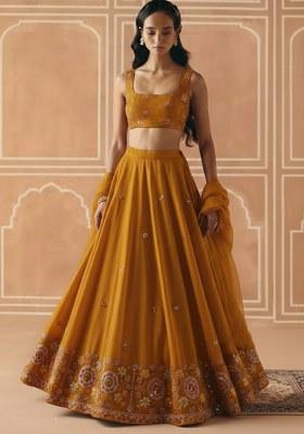 Mustard Embroidered Tissue Lehenga Set