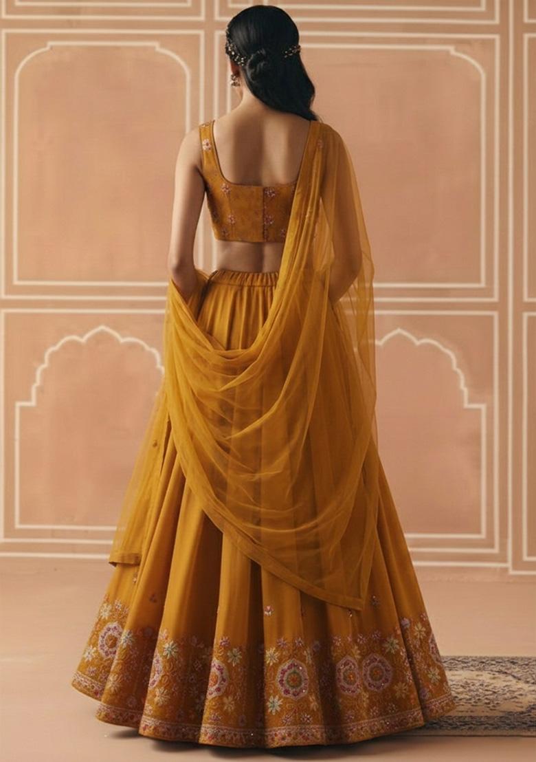 Mustard Embroidered Tissue Lehenga Set - Indya