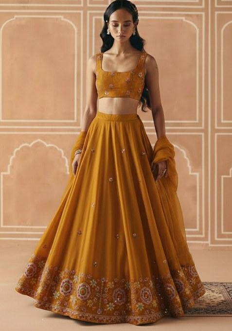 Mustard Embroidered Tissue Lehenga Set