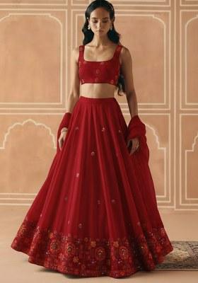 Deep Red Embroidered Tissue Lehenga Set