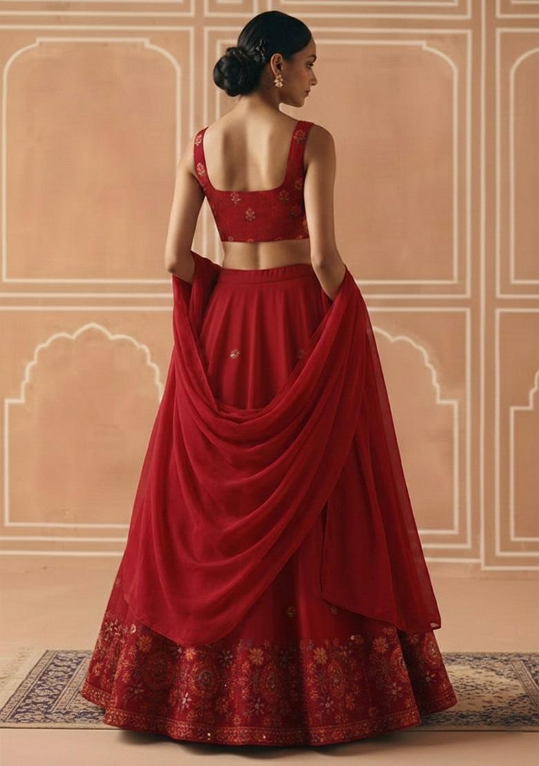 Deep Red Embroidered Tissue Lehenga Set - Indya