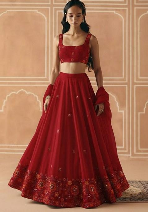 Deep Red Embroidered Tissue Lehenga Set