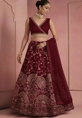 Deep Maroon Embroidered Crepe Lehenga Set