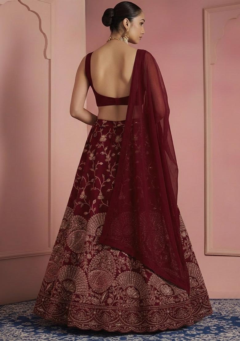Deep Maroon Embroidered Crepe Lehenga Set - Indya