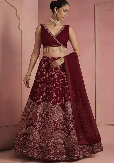 Deep Maroon Embroidered Crepe Lehenga Set