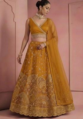 Mustard Embroidered Crepe Lehenga Set