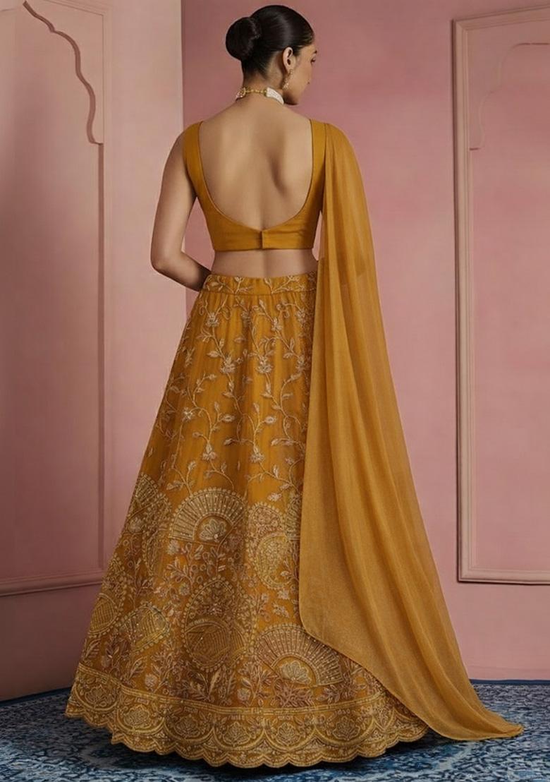 Mustard Embroidered Crepe Lehenga Set - Indya