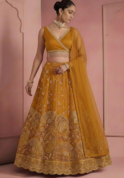 Mustard Embroidered Crepe Lehenga Set