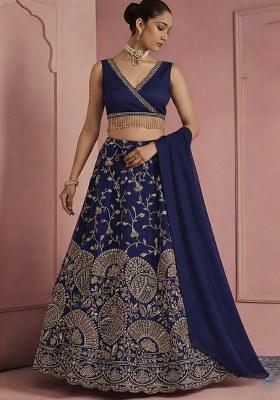 Navy Blue Embroidered Crepe Lehenga Set