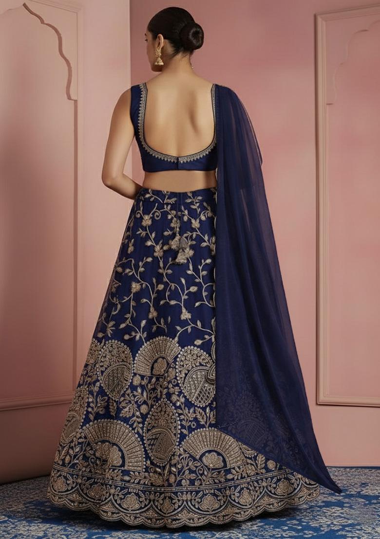 Navy Blue Embroidered Crepe Lehenga Set - Indya