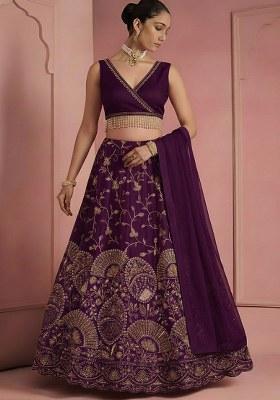 Deep Purple Embroidered Crepe Lehenga Set