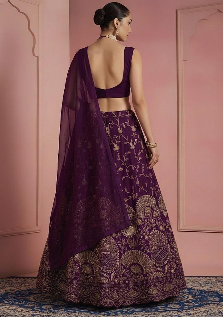 Deep Purple Embroidered Crepe Lehenga Set - Indya