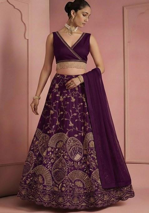 Deep Purple Embroidered Crepe Lehenga Set