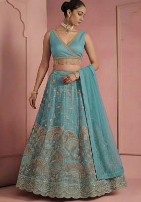Aqua Blue Embroidered Crepe Lehenga Set