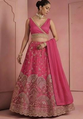 Pink Embroidered Crepe Lehenga Set