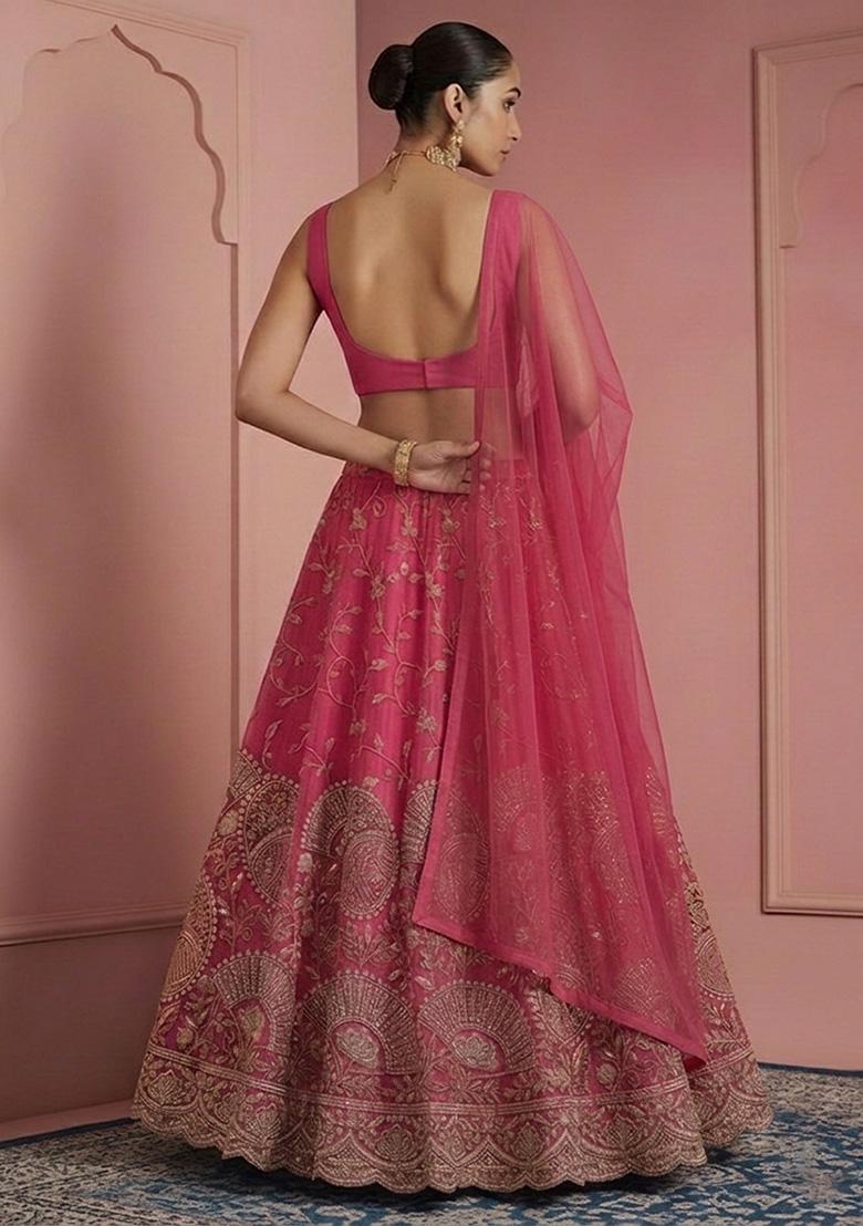 Pink Embroidered Crepe Lehenga Set - Indya