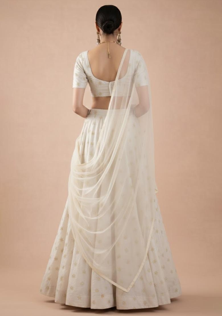 Off White Embroidered Cosmos Shimmer Lehenga Set - Indya