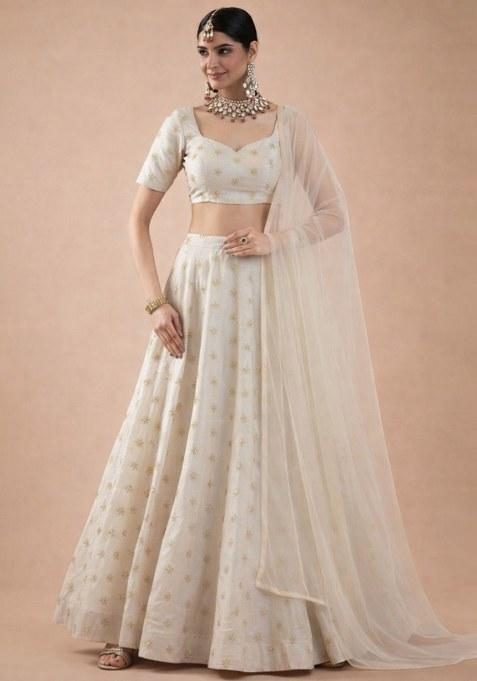 Off White Embroidered Cosmos Shimmer Lehenga Set