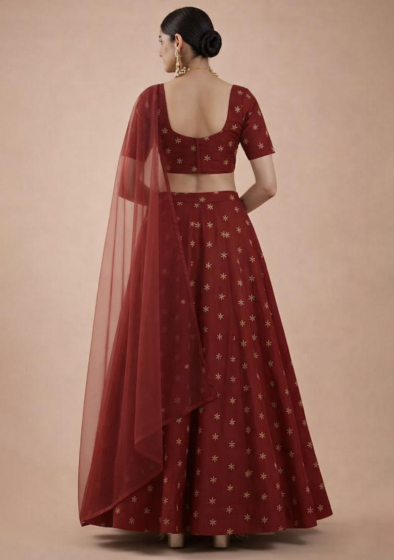Red Embroidered Cosmos Shimmer Lehenga Set - Indya