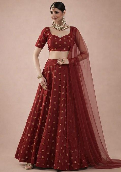 Red Embroidered Cosmos Shimmer Lehenga Set