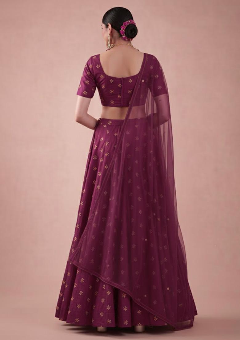 Wine Embroidered Shimmer Lehenga Set - Indya