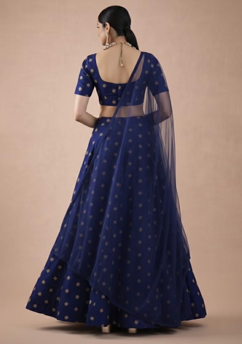 Navy Blue Embroidered Shimmer Lehenga Set - Indya