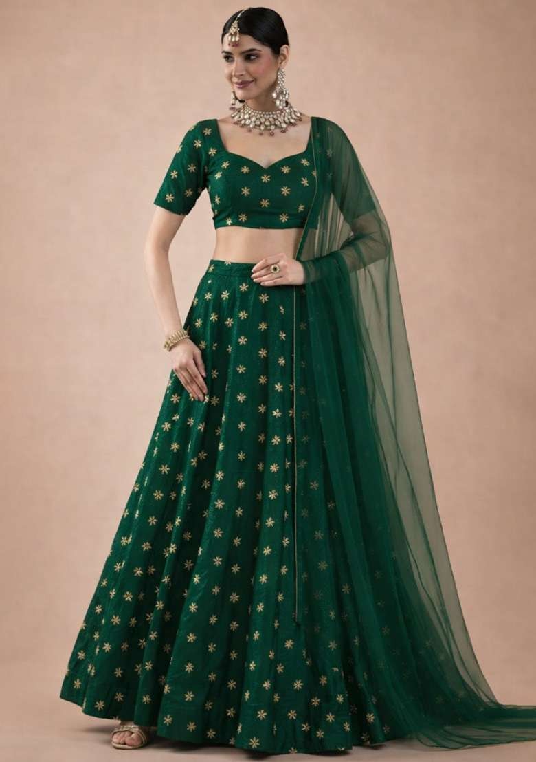 Dark Green Embroidered Shimmer Lehenga Set - Indya